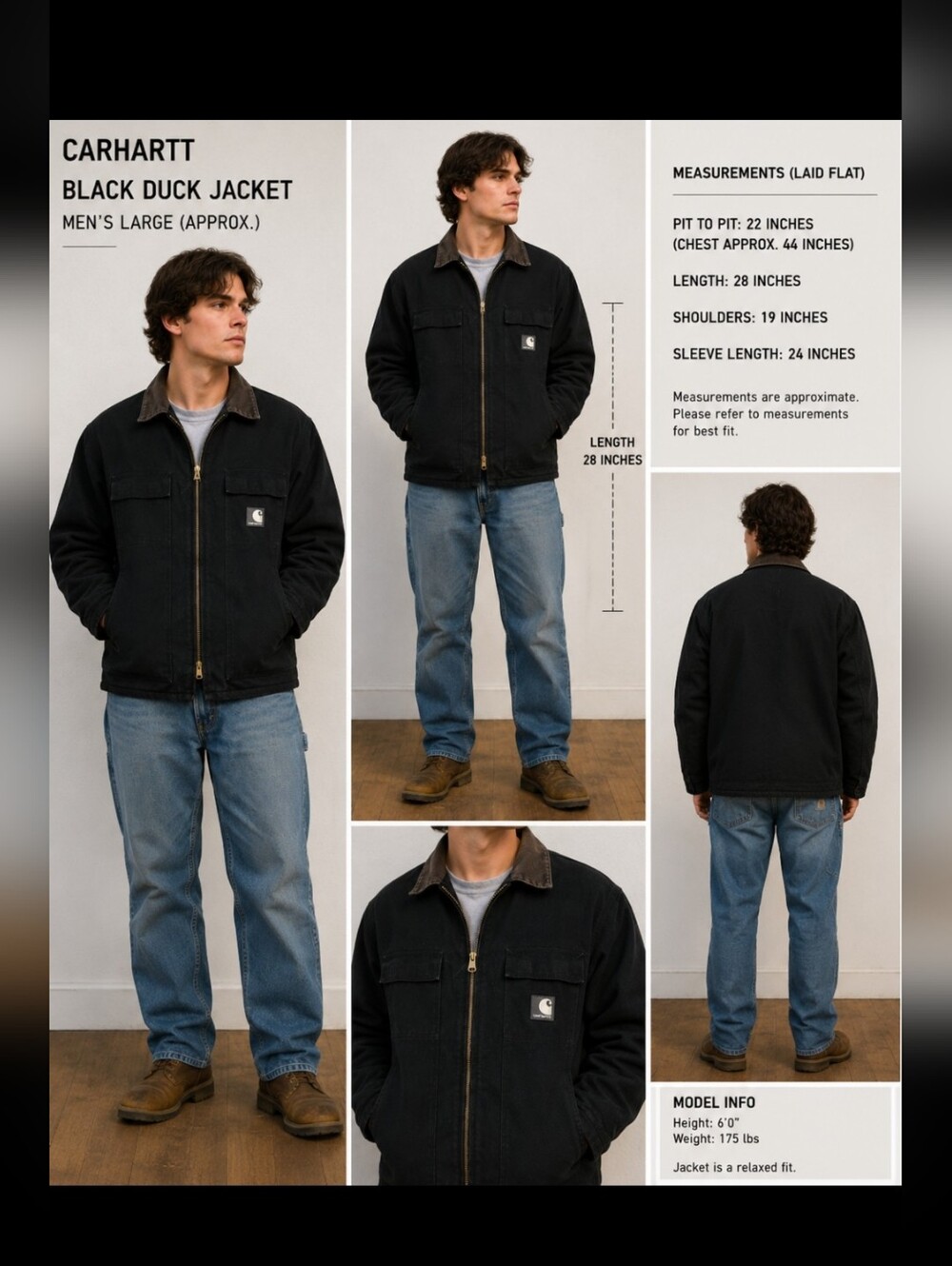 Carhartt Black Duck Sandstome Jacket - Black with Brown Collar Large Y2K
